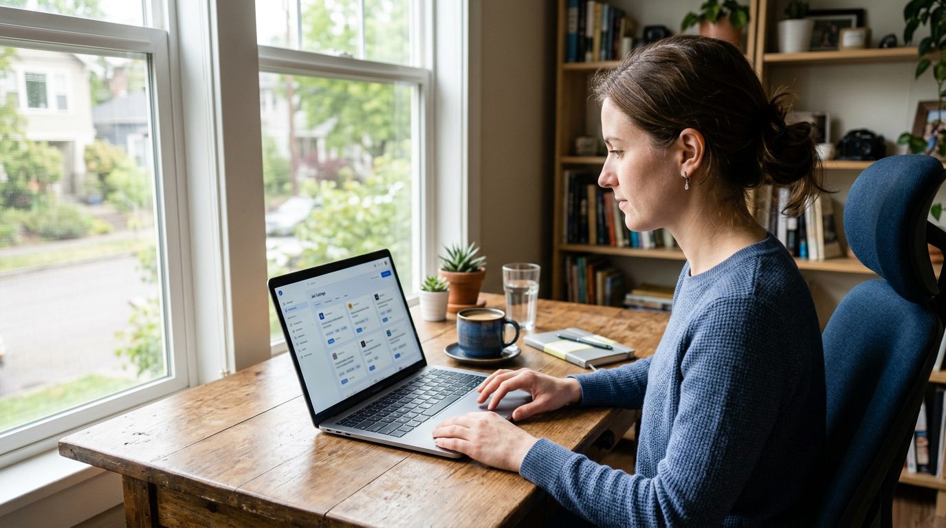 Freelancer reviewing AI-matched gigs and a drafted proposal on a laptop